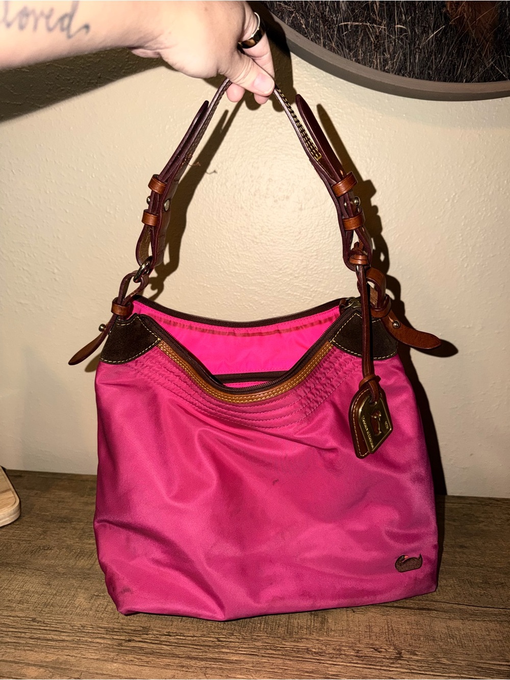 Women's Hot Pink/Fuchsia Dooney & Bourke Shoulder Bag with Brown Leather Trim